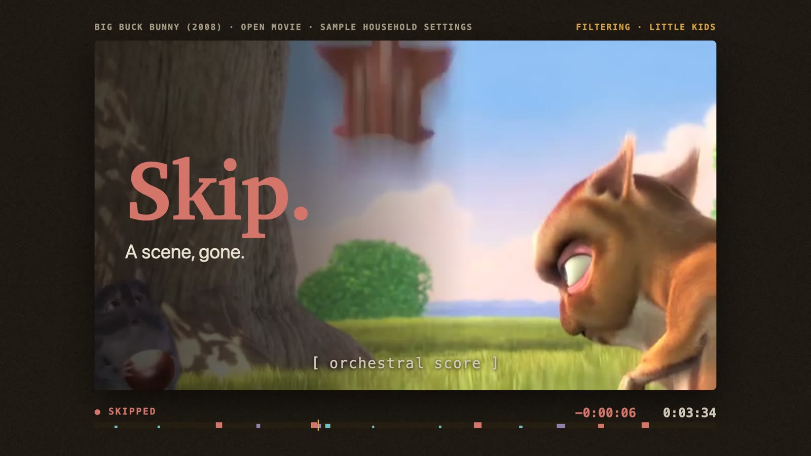 Skip: the clock leaps and the badge reads SKIPPED.